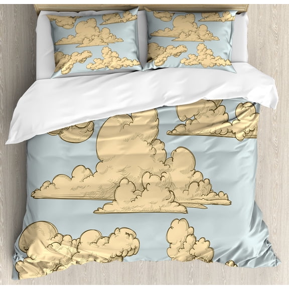 Ambesonne Cartoon Duvet Cover Sets, Fluffy Clouds Art, 2-Queen, Blue Beige