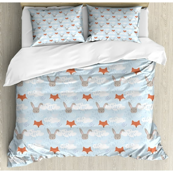 Ambesonne Cartoon Duvet Cover Sets, Fox Grey Hare in the Sky, 2-Queen, Pale Blue Multicolor