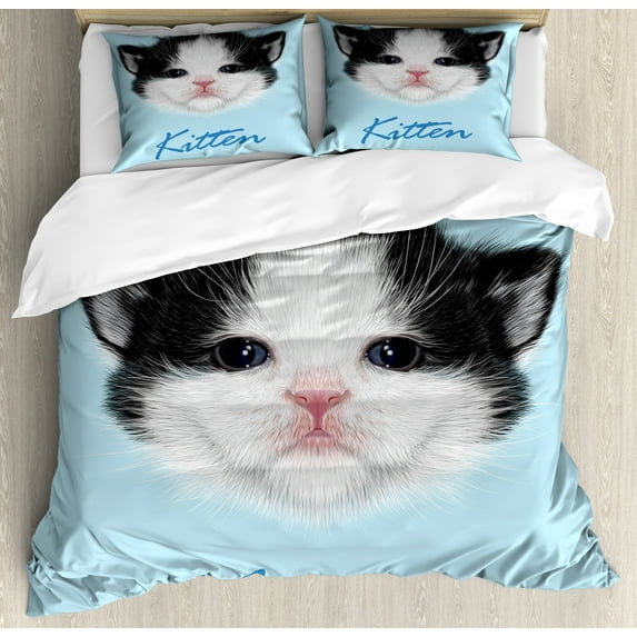 Ambesonne Cartoon Duvet Cover Sets, Furry Pink Nose Kitten, 2-King, Black White Blue
