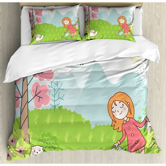 Ambesonne Cartoon Duvet Cover Sets, Girl Animal in Wood, 2-King, Lime Green Multicolor