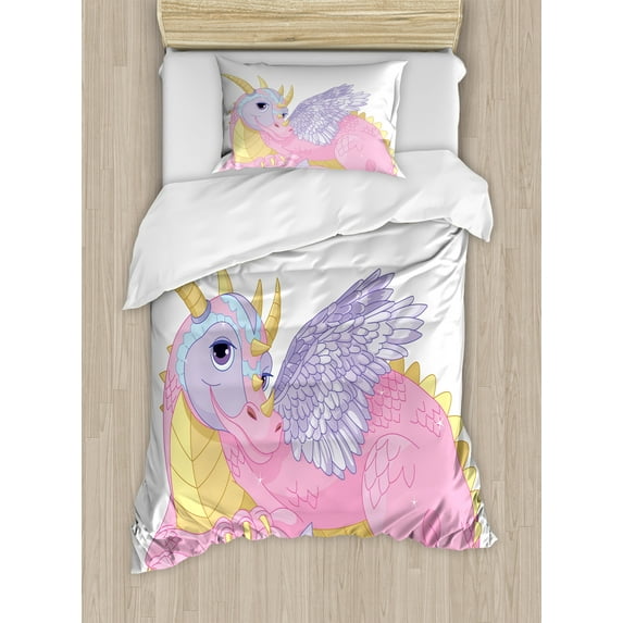 Ambesonne Cartoon Duvet Cover Sets, Lady Dragon Posing, 2-Twin, Pale Pink Lavender