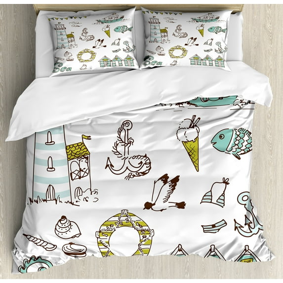 Ambesonne Cartoon Duvet Cover Sets, Lighthouse Anchor Seagull, 2-King, Pale Green Yellow