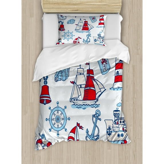 Ambesonne Cartoon Duvet Cover Sets, Nautical, 2-Twin, Blue Red