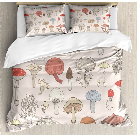 Ambesonne Cartoon Duvet Cover Sets, Pastel Various Mushrooms, 2-Queen, Pale Eggshell Multicolor