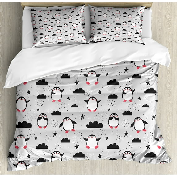 Ambesonne Cartoon Duvet Cover Sets, Penguins in Love Doodle Art, 2-King, Dark Blue Grey and Black