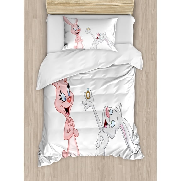 Ambesonne Cartoon Duvet Cover Sets, Rabbits Wedding, 2-Twin, Pale Pink and Grey