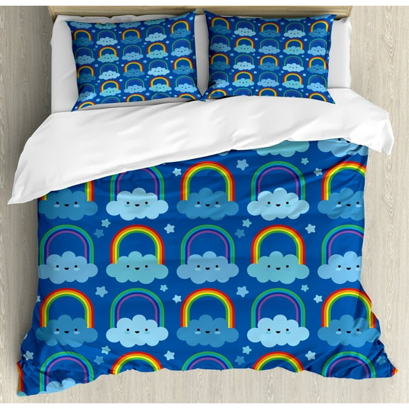 Ambesonne Cartoon Duvet Cover Sets, Rainbow Clouds Stars Night, 2-King, Multicolor