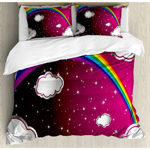 Ambesonne Cartoon Duvet Cover Sets, Rainbow Colored Stars, 2-King, Maroon and White