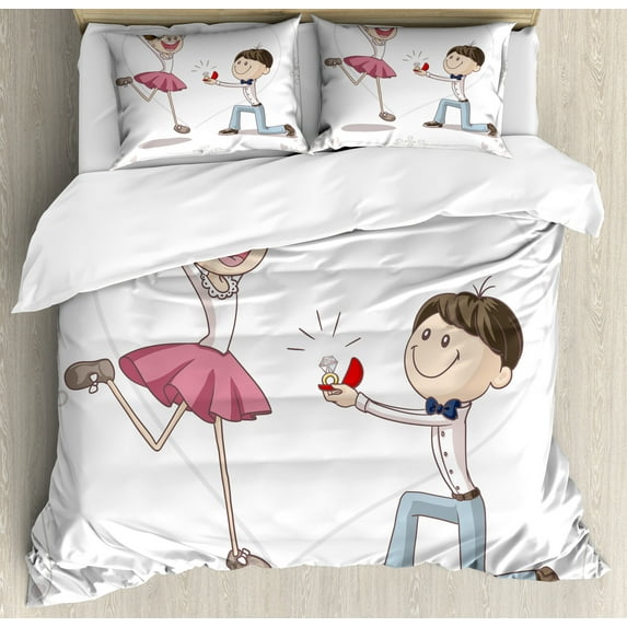 Ambesonne Cartoon Duvet Cover Sets, Romantic Couple, 2-King, Pink Blue and White