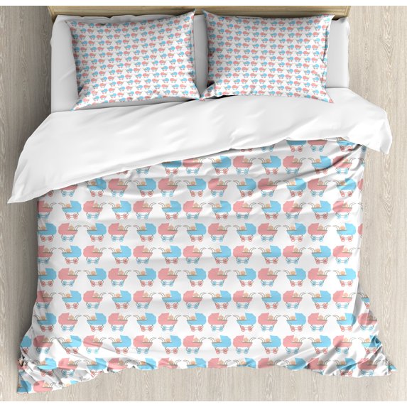 Ambesonne Cartoon Duvet Cover Sets, Strollers and a Inside, 2-King, Sky Blue Blush White