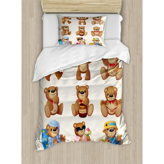 Ambesonne Cartoon Duvet Cover Sets, Teddy Bear Design, 2-Twin, Chocolate Cream