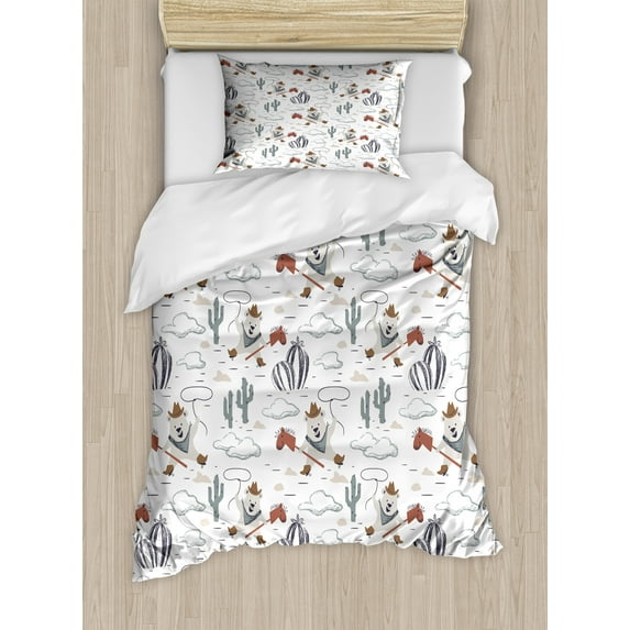 Ambesonne Cartoon Duvet Cover Sets, Wild West Cowboy Bear, 2-Twin, Tan Blue Violet