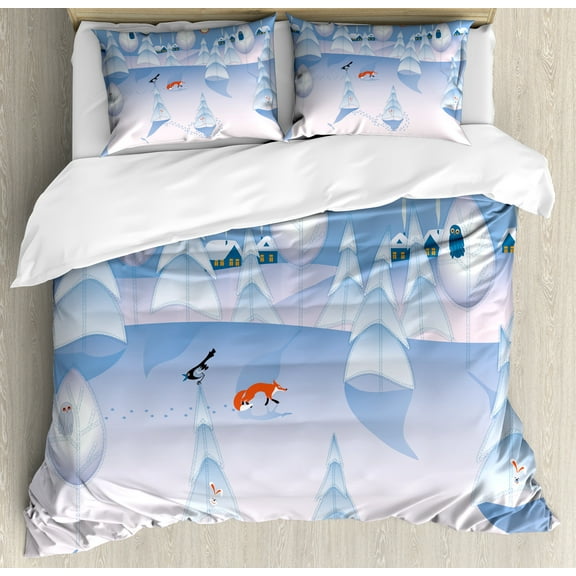 Ambesonne Cartoon Duvet Cover Sets, Winter at Woods Animals, 2-Queen, Multicolor