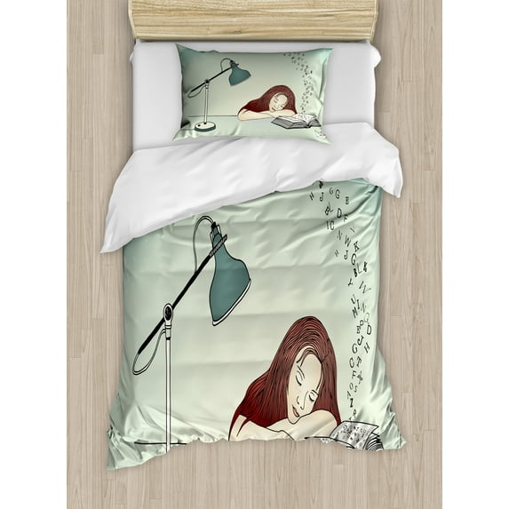 Ambesonne Cartoon Duvet Cover Sets, Young Woman Asleep on Desk, 2-Twin, Maroon and Almond Green