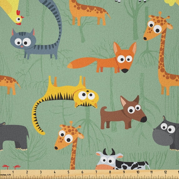 Ambesonne Cartoon Fabric by the Yard Microfiber, Art Zoo Animals Friends, 2 Yards, Jade Green Multicolor