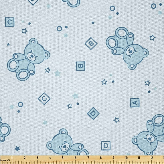 Ambesonne Cartoon Fabric by the Yard Microfiber, Bears and Letters Cold Tone, 10 Yards, Pale Blue Aqua