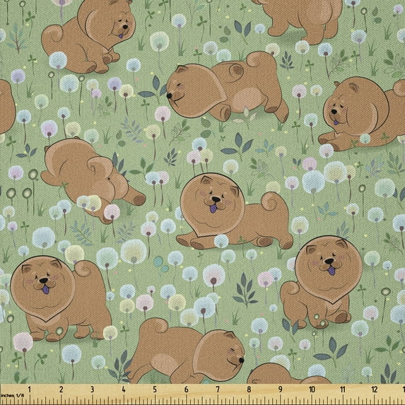Ambesonne Cartoon Fabric by the Yard Microfiber, Chinese Animal Chow Chow, 5 Yards, Camel Pistachio Green