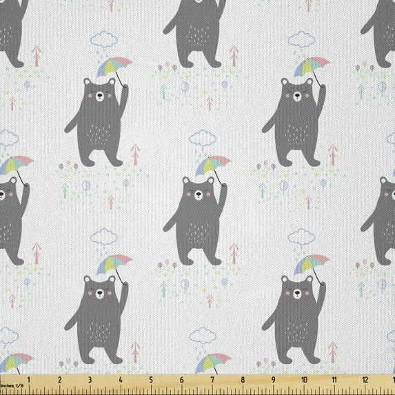Ambesonne Cartoon Fabric by the Yard Microfiber, Funny Bear Umbrella Rain, 5 Yards, Dimgray Green
