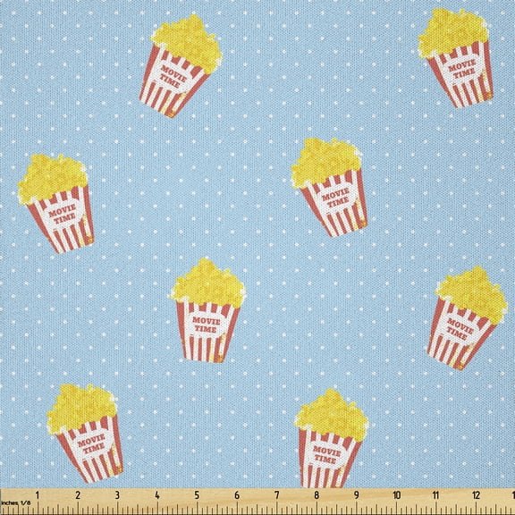 Ambesonne Cartoon Fabric by the Yard Microfiber, Movie Night Theme Pop Corn, 1 Yard, Mustard and Pale Blue