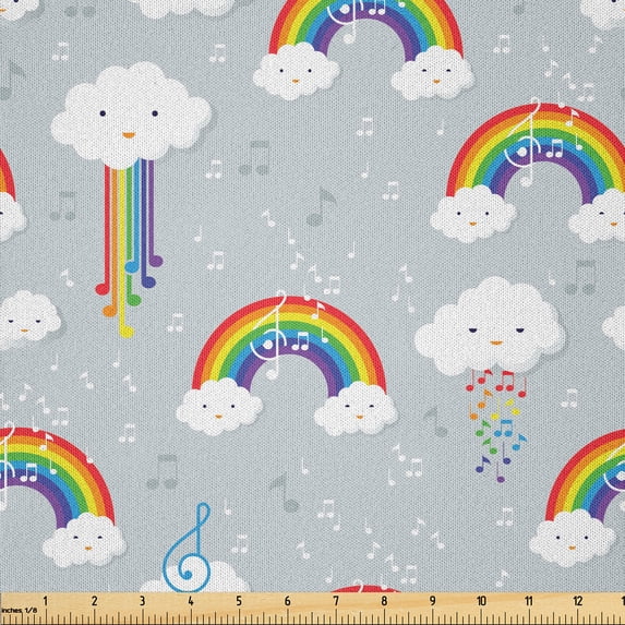 Ambesonne Cartoon Fabric by the Yard Microfiber, Rainbow Clouds Composition, 2 Yards, Pale Grey and Multicolor