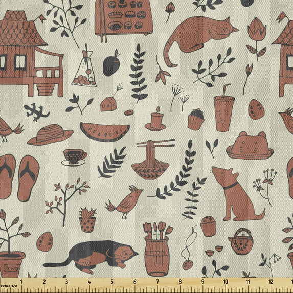 Ambesonne Cartoon Fabric by the Yard Microfiber, Sandals Coffee Creativeness, 5 Yards, Salmon Night Blue