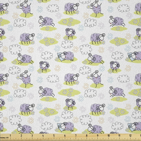 Ambesonne Cartoon Fabric by the Yard Microfiber, Sheep with Clouds, 10 Yards, Lavender