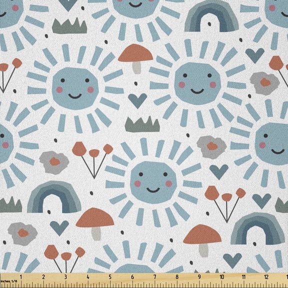 Ambesonne Cartoon Fabric by the Yard Microfiber, Smiling Sun Shower, 1 Yard, Pale Azure Blue Coral