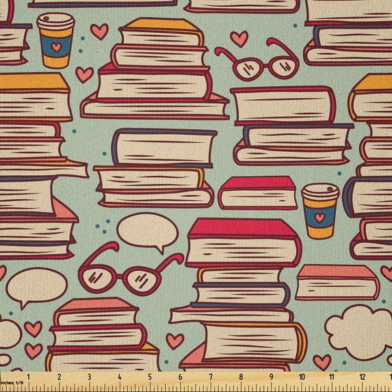 Ambesonne Cartoon Fabric by the Yard Microfiber, Stack of Books Eyeglasses, 10 Yards, Pink Sage Green