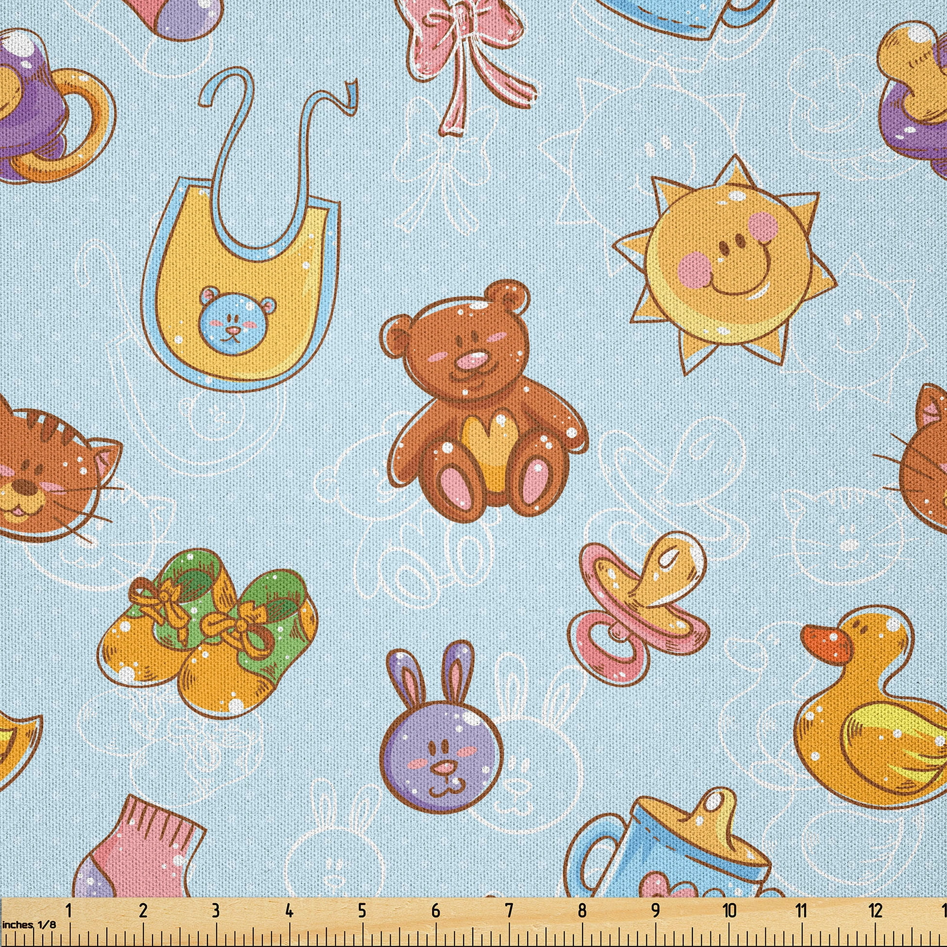 Ambesonne Cartoon Fabric by the Yard Microfiber, Sun Ribbon Teddy Bear ...