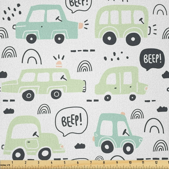 Ambesonne Cartoon Fabric by the Yard Microfiber, Traffic Cars Beep Driving, 10 Yards, Dark Grey and Pale Green