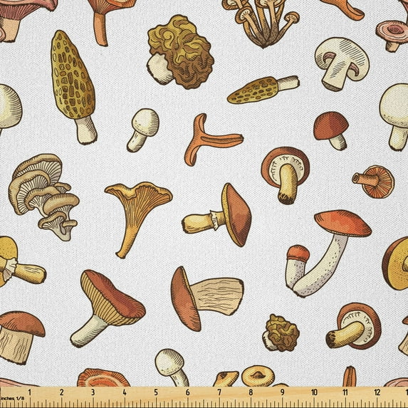 Ambesonne Cartoon Fabric by the Yard Microfiber, Various Mushrooms Scattered, 5 Yards, Redwood Burnt Sienna