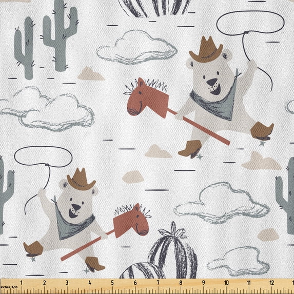 Ambesonne Cartoon Fabric by the Yard Microfiber, Wild West Cowboy Bear, 5 Yards, Tan Blue Violet