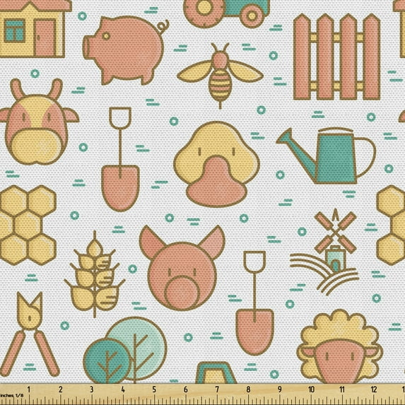 Ambesonne Cartoon Fabric by the Yard Upholstery, Animal Faces Rural, 5 Yards, Salmon Peach Green