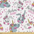 thumbnail image 1 of Ambesonne Cartoon Fabric by the Yard Upholstery, Bunny Unicorn Heart Flower, 10 Yards, Pink and Blue Grey, 1 of 5