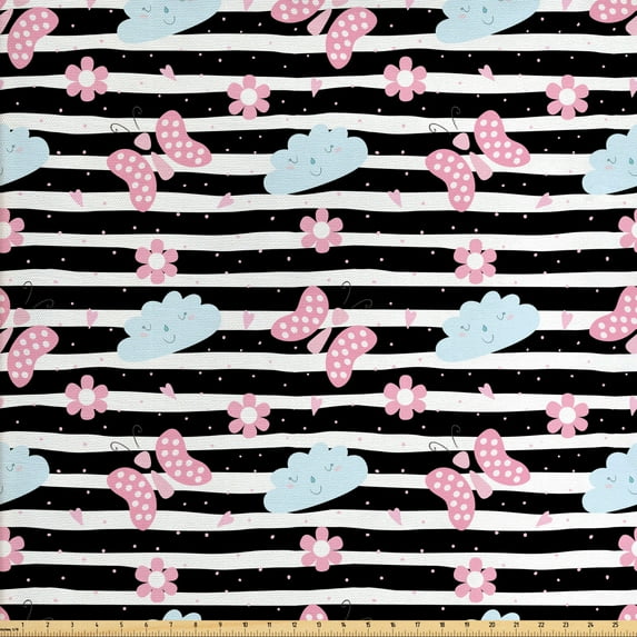 Ambesonne Cartoon Fabric by the Yard Upholstery, Butterflies and Clouds, 2 Yards, Pale Pink Pale Blue