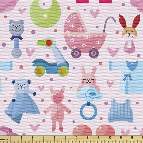 Ambesonne Cartoon Fabric by the Yard Upholstery, Cartoon Bear and Bunny ...