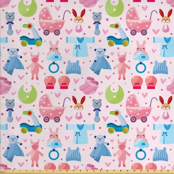 Ambesonne Cartoon Fabric by the Yard Upholstery, Cartoon Bear and Bunny Art, 5 Yards, Pale Pink Blue Rose