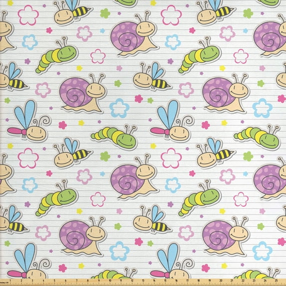 Ambesonne Cartoon Fabric by the Yard Upholstery, Caterpillar Bees Flowers, 5 Yards, Multicolor