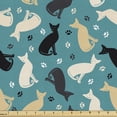 thumbnail image 1 of Ambesonne Cartoon Fabric by the Yard Upholstery, Cats and Paw Traces Graphic, 5 Yards, Sea Blue Indigo, 1 of 5