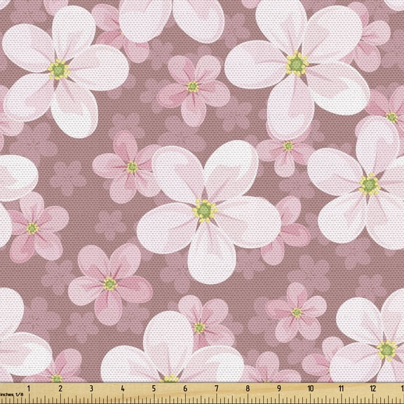 Ambesonne Cartoon Fabric by the Yard Upholstery, Cherry Blossoms Petal, 1 Yard, Dried Rose White Green