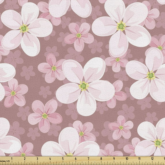 Ambesonne Cartoon Fabric by the Yard Upholstery, Cherry Blossoms Petal, 1 Yard, Dried Rose White Green