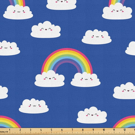 Ambesonne Cartoon Fabric by the Yard Upholstery, Clouds Rainbow on Blue Back, 10 Yards, Blue Multicolor