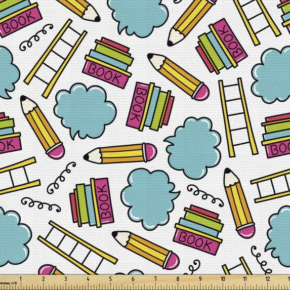 Ambesonne Cartoon Fabric by the Yard Upholstery, Colorful Books and Pencils, 10 Yards, Multicolor