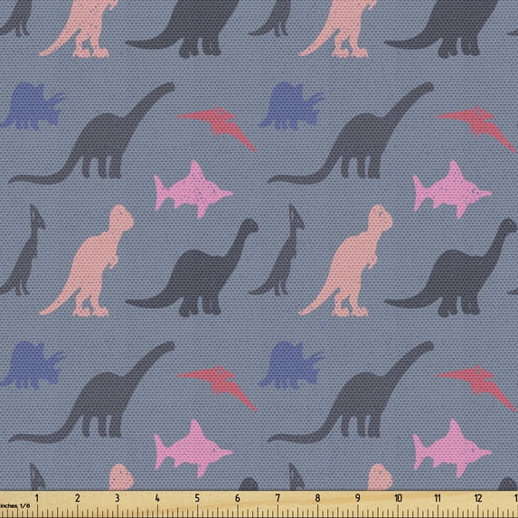 Ambesonne Cartoon Fabric by the Yard Upholstery, Colorful Dinosaur and Shark, 10 Yards, Blue Grey Multicolor