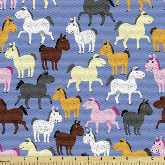 Ambesonne Cartoon Fabric by the Yard Upholstery, Colorful Horses at Zoo, 10 Yards, Ceil Blue Multicolor