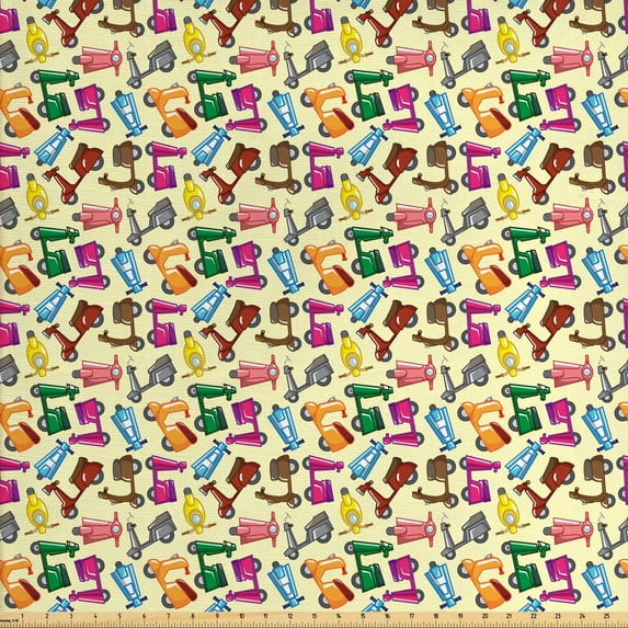 Ambesonne Cartoon Fabric by the Yard Upholstery, Colorful Motorcycles, 3 Yards, Blue Yellow