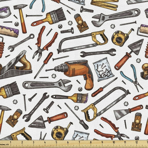 Ambesonne Cartoon Fabric by the Yard Upholstery, Construction Home Repair, 3 Yards, White Multicolor