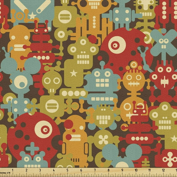 Ambesonne Cartoon Fabric by the Yard Upholstery, Fantasy Alien Robots Print, 2 Yards, Multicolor