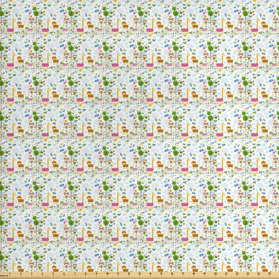 Ambesonne Cartoon Fabric by the Yard Upholstery, Floral Funny Animals, 5 Yards, Multicolor