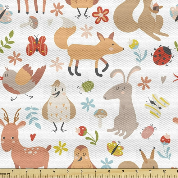 Ambesonne Cartoon Fabric by the Yard Upholstery, Forest Animals, 10 Yards, MUlticolor